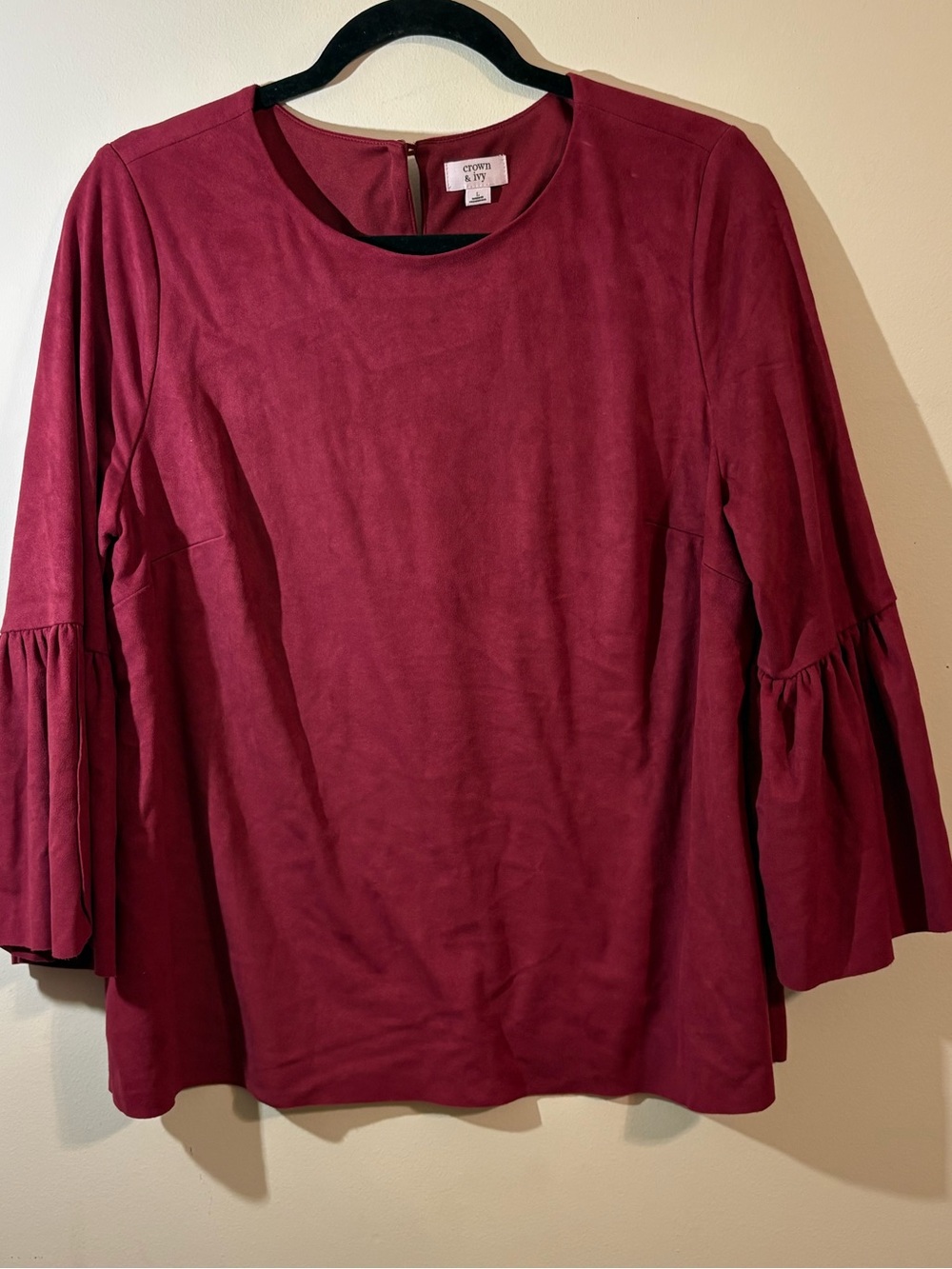 Crown & Ivy maroon faux suede blouse women’s large 3/4 bell sleeve button back